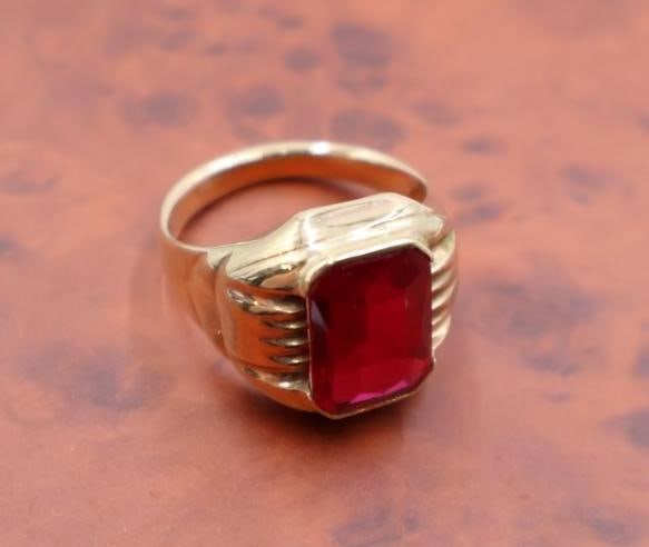 Synthetic Ruby 10k Gold ring Art Deco, and a turquoise and seed pearl ring - 4