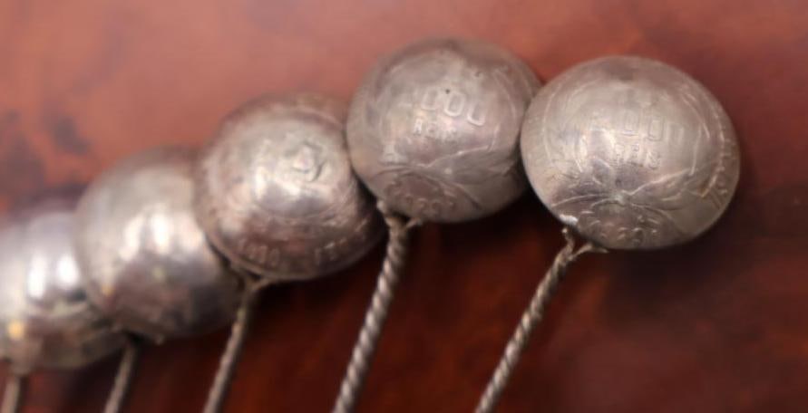 Set of Six Coin Spoons Reis Brazil Silver Quartz Tipped Spoons - 12