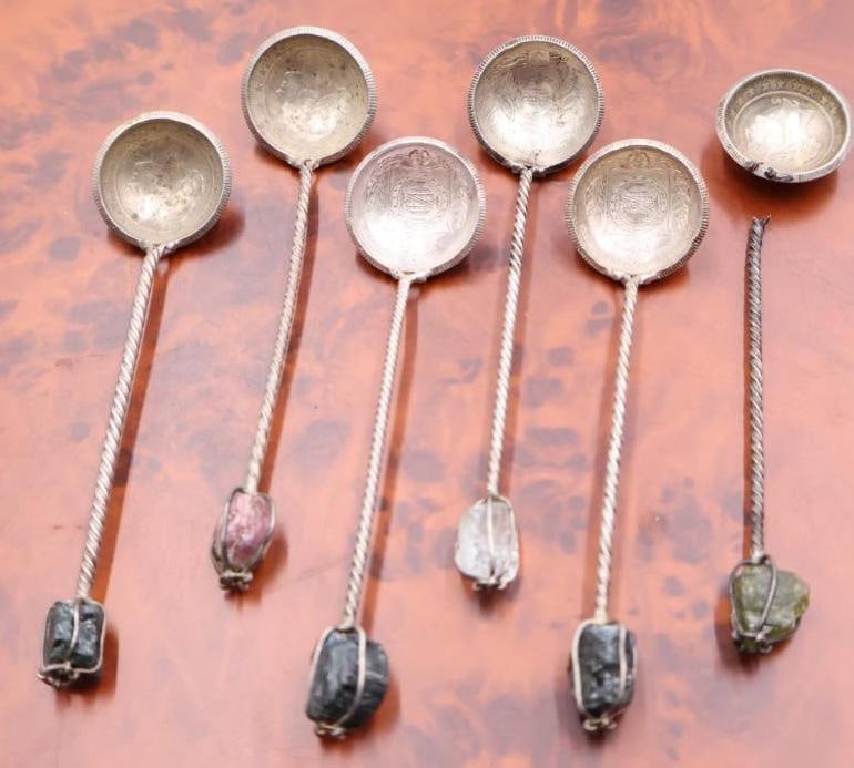 Set of Six Coin Spoons Reis Brazil Silver Quartz Tipped Spoons (1 of 16)