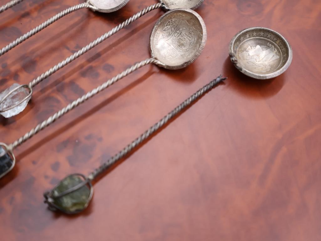 Set of Six Coin Spoons Reis Brazil Silver Quartz Tipped Spoons - 2