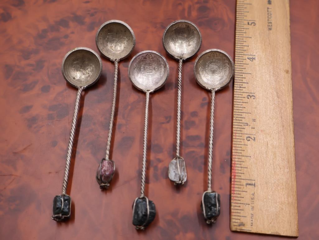 Set of Six Coin Spoons Reis Brazil Silver Quartz Tipped Spoons - 7