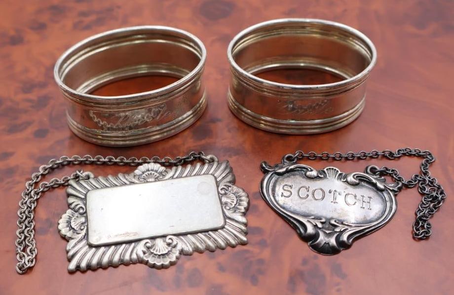 Two 800 silver napkin rings and two sterling decanter label or tags for Scotch (1 of 13)