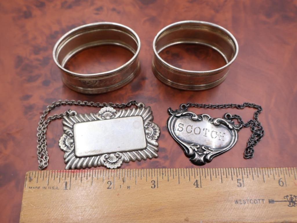 Two 800 silver napkin rings and two sterling decanter label or tags for Scotch - 2