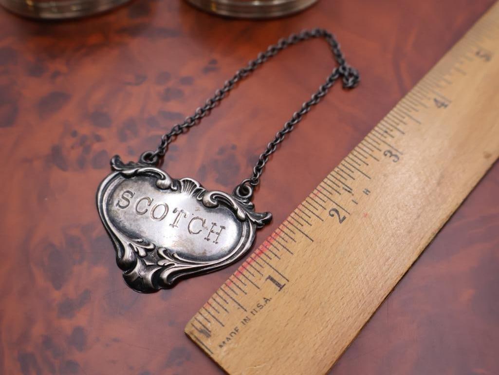 Two 800 silver napkin rings and two sterling decanter label or tags for Scotch - 6