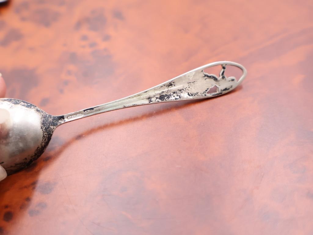 Collection of Antique Sterling Souvenir spoons and Acorn Tongs - 10