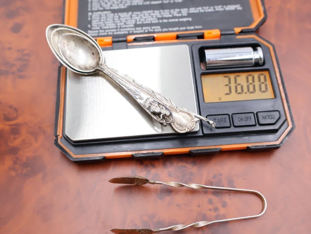 Collection of Antique Sterling Souvenir spoons and Acorn Tongs - 13