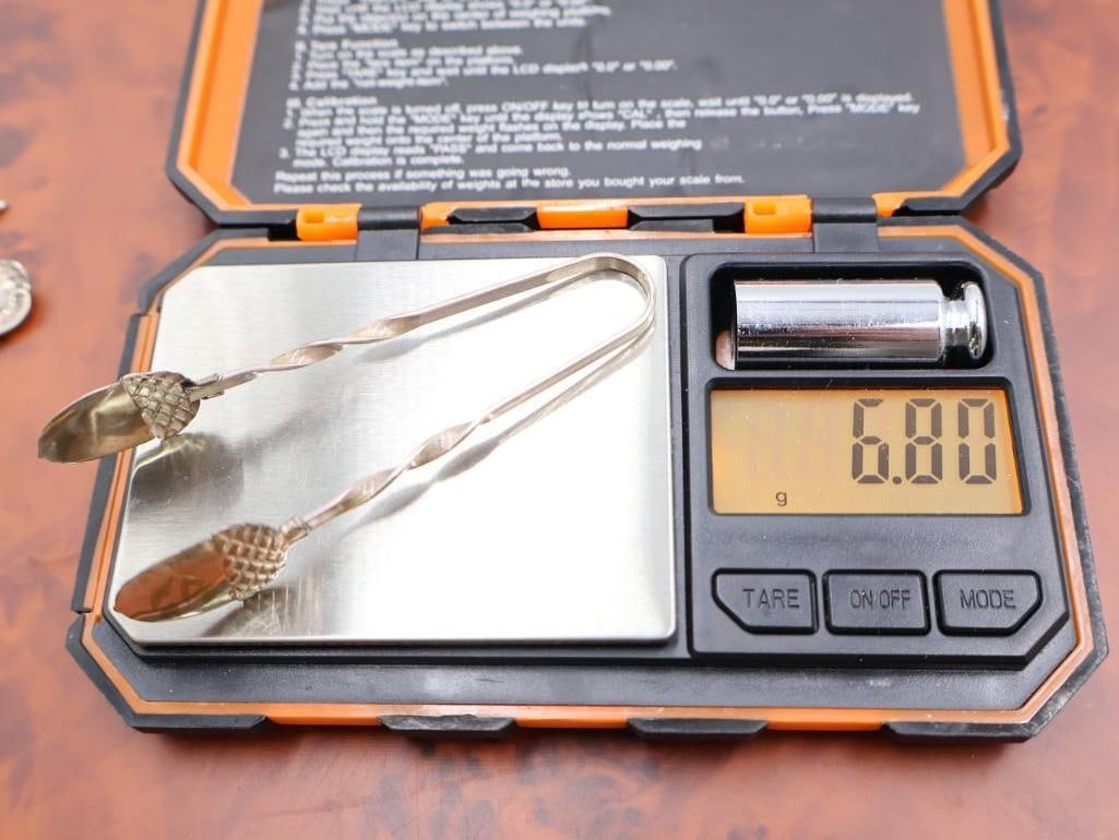 Collection of Antique Sterling Souvenir spoons and Acorn Tongs - 14