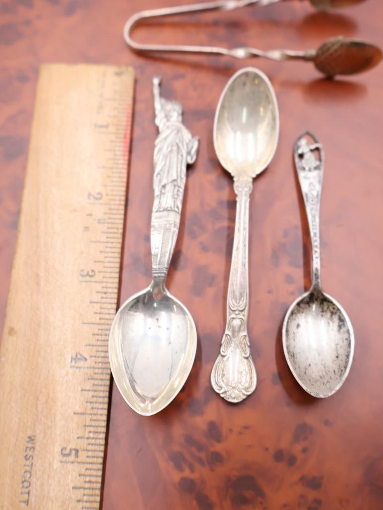 Collection of Antique Sterling Souvenir spoons and Acorn Tongs - 2
