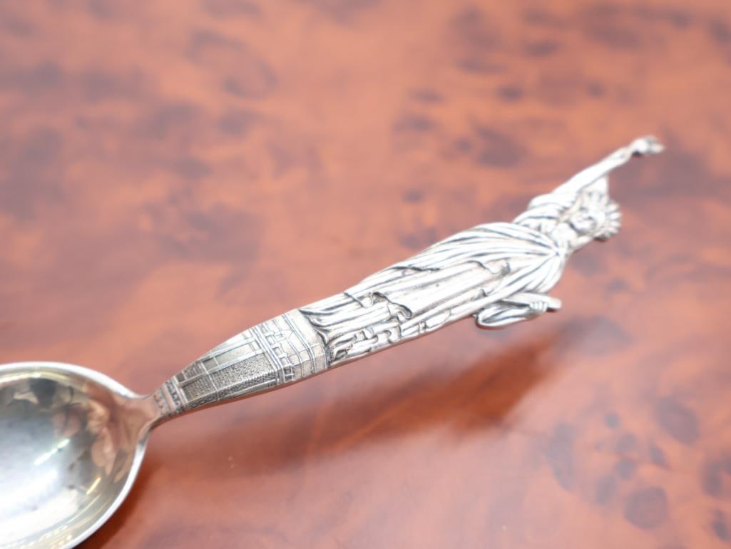 Collection of Antique Sterling Souvenir spoons and Acorn Tongs - 3