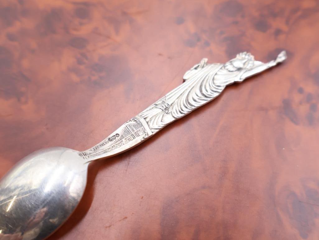Collection of Antique Sterling Souvenir spoons and Acorn Tongs - 4