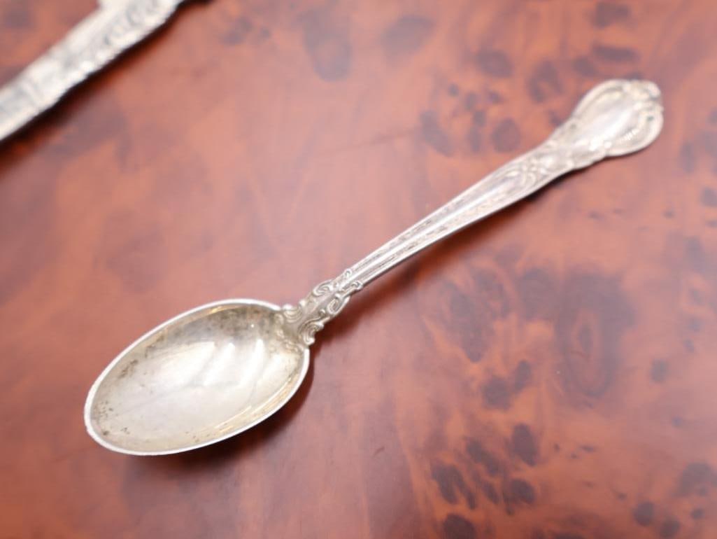 Collection of Antique Sterling Souvenir spoons and Acorn Tongs - 6