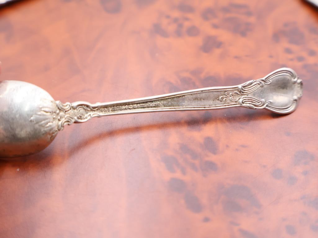 Collection of Antique Sterling Souvenir spoons and Acorn Tongs - 7