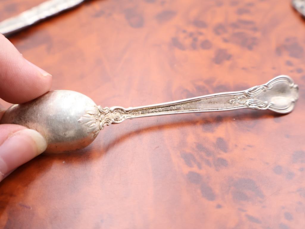 Collection of Antique Sterling Souvenir spoons and Acorn Tongs - 8