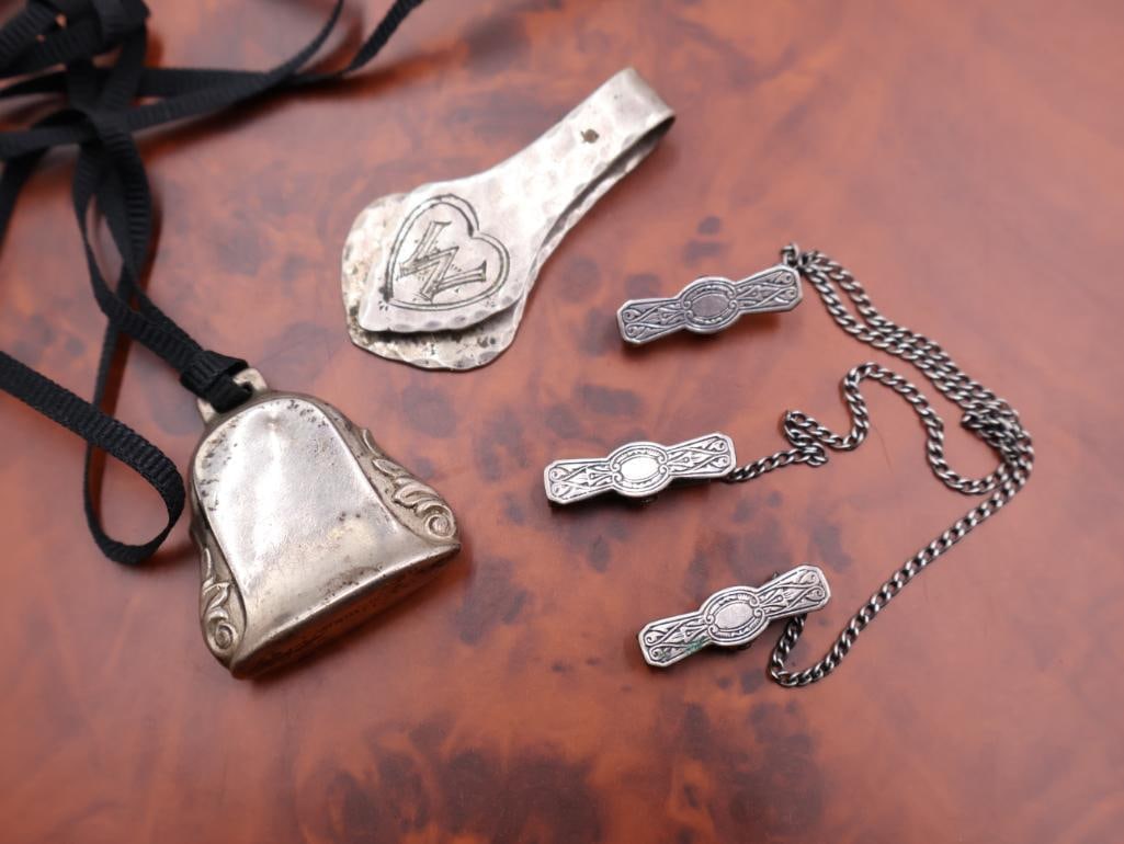 Vintage sterling silver baby rattle, antique silver money clip - 2