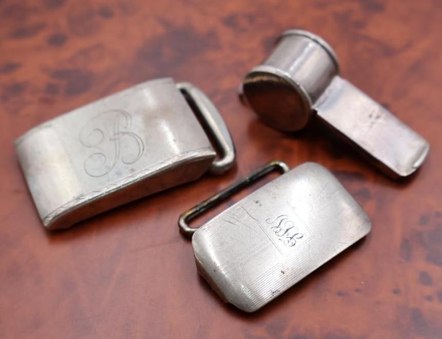 Antique sterling silver belt buckles and sterling whistle (1 of 10)