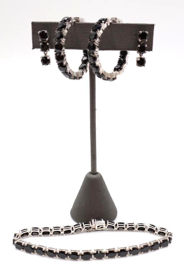 Black spinel or cubic zirconia and sterling silver tennis bracelet and earring set. (1 of 10)