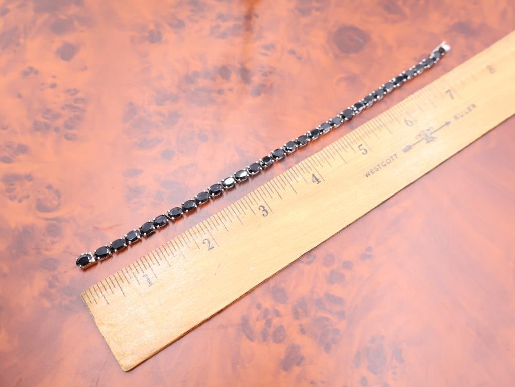 Black spinel or cubic zirconia and sterling silver tennis bracelet and earring set. - 2