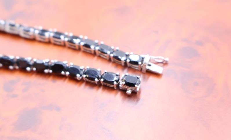 Black spinel or cubic zirconia and sterling silver tennis bracelet and earring set. - 3