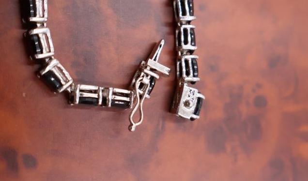 Black spinel or cubic zirconia and sterling silver tennis bracelet and earring set. - 5