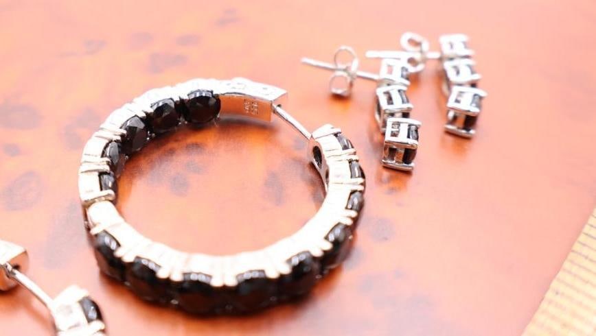 Black spinel or cubic zirconia and sterling silver tennis bracelet and earring set. - 8