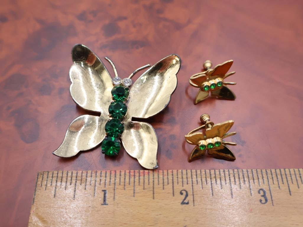Vintage Coro gold-plated sterling silver butterfly brooch and matching earrings set - 2