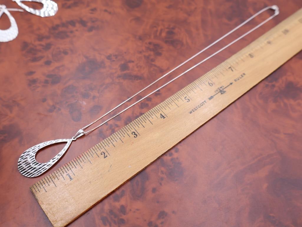 Sterling Silver textured teardrop dangle earrings and a matching necklace pendant - 2