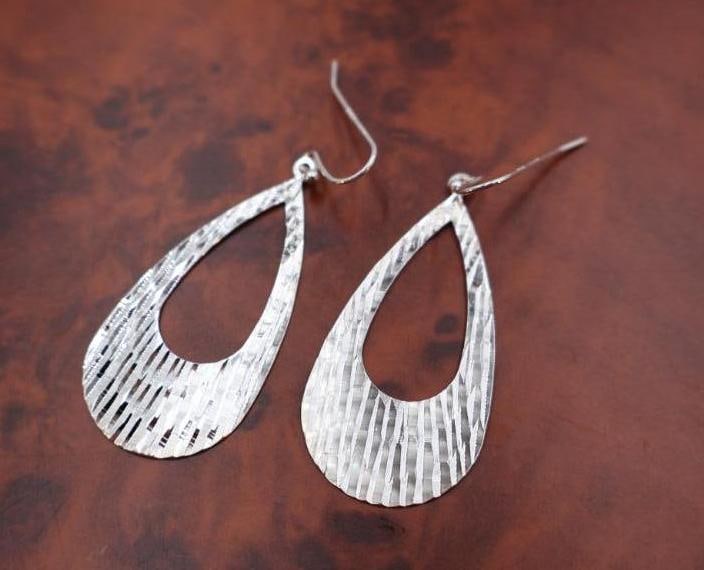 Sterling Silver textured teardrop dangle earrings and a matching necklace pendant - 7
