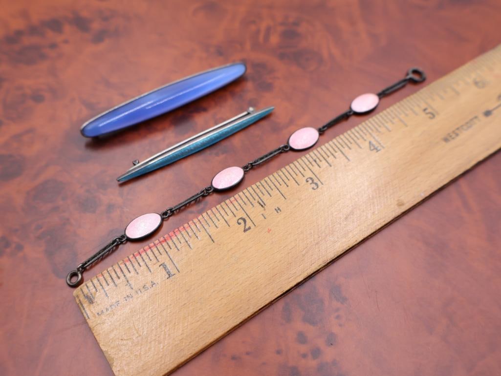 Antique Enamel Sterling Silver Bracelet and Pins - 2