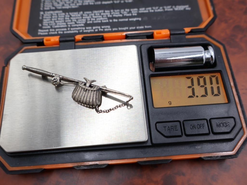 Beau sterling silver fishing rod and creel pin/brooch - 5