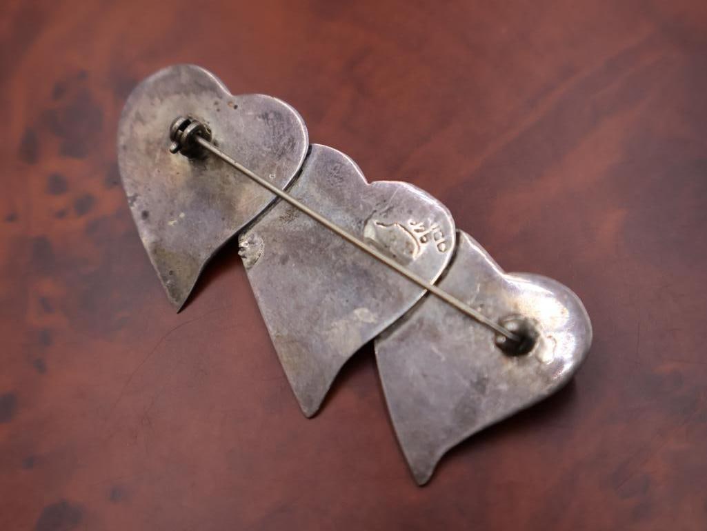 Vintage Mexican sterling silver triple heart brooch pin - 3