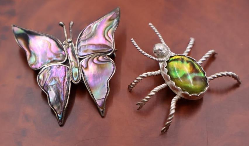 Vintage Mexican sterling silver and abalone butterfly & twisted bug (1 of 7)