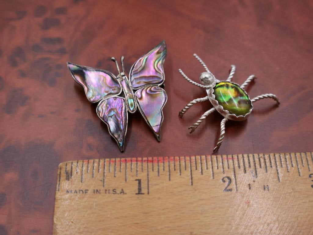 Vintage Mexican sterling silver and abalone butterfly & twisted bug - 2