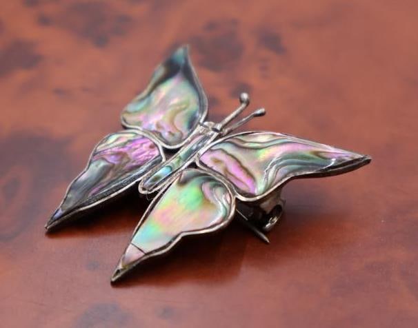 Vintage Mexican sterling silver and abalone butterfly & twisted bug - 3
