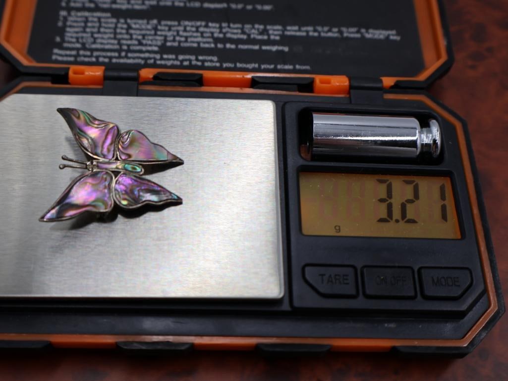 Vintage Mexican sterling silver and abalone butterfly & twisted bug - 5