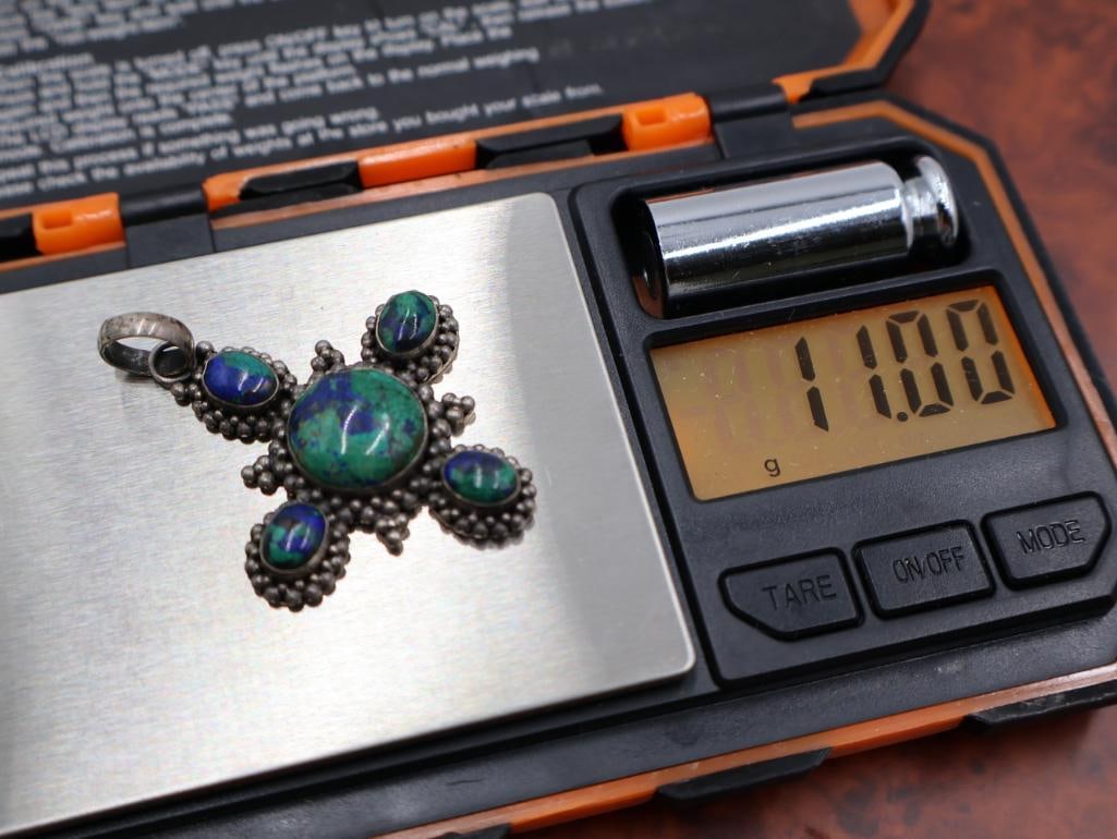 Vintage sterling silver azurite and malachite pendant - 4