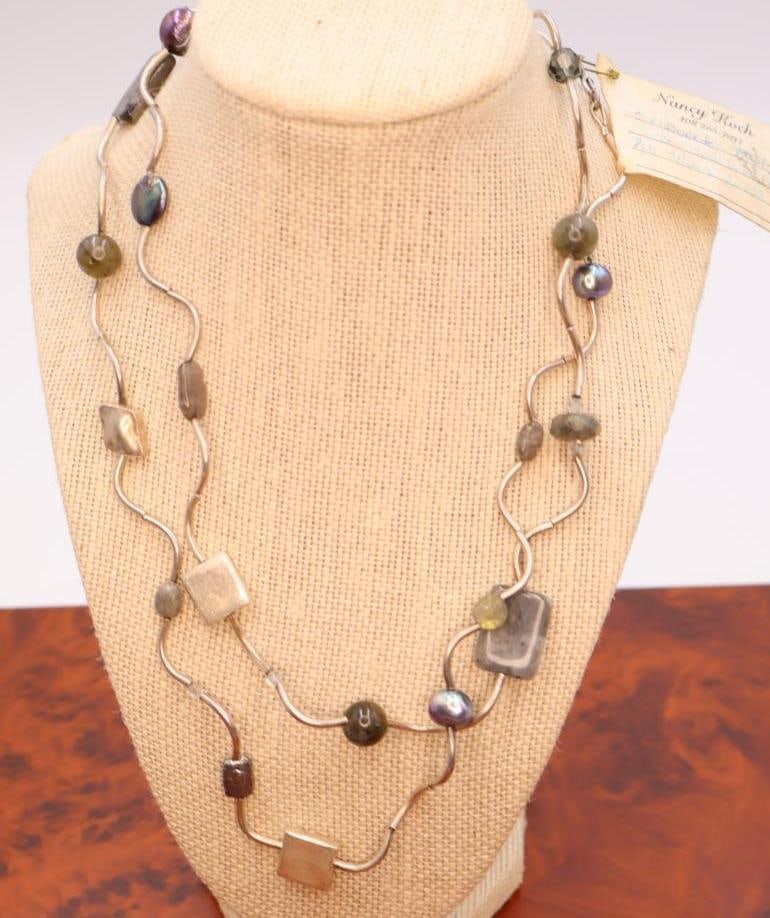 Silpada silver bead and pearl necklace: This is a Silpada necklace featuring labradorite, freshwater pearls, Swarovski crystals, Thai silver beads and spacers, some testing positive for sterling silver