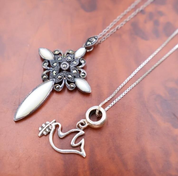 Sterling Silver mother-of-pearl cross pendant and the other a dove outline pendant - 2