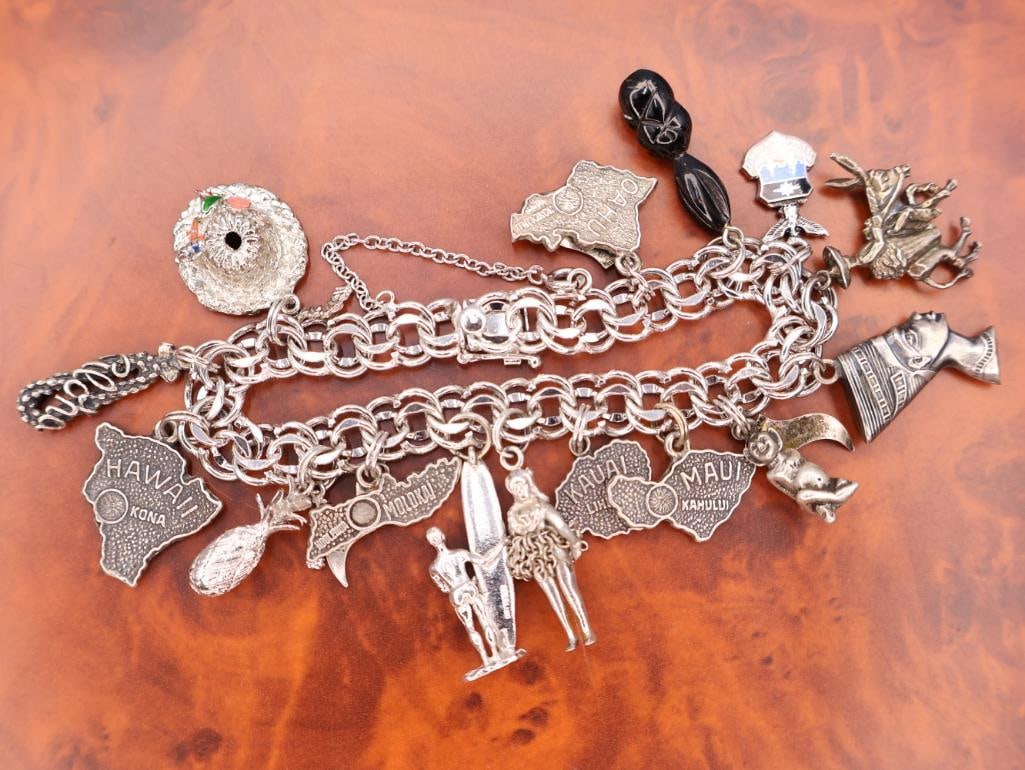 Vintage sterling silver travel charms on base metal braclet (1 of 9)