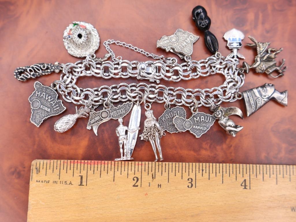 Vintage sterling silver travel charms on base metal braclet - 2