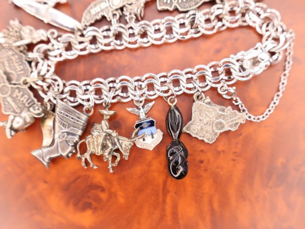 Vintage sterling silver travel charms on base metal braclet - 5
