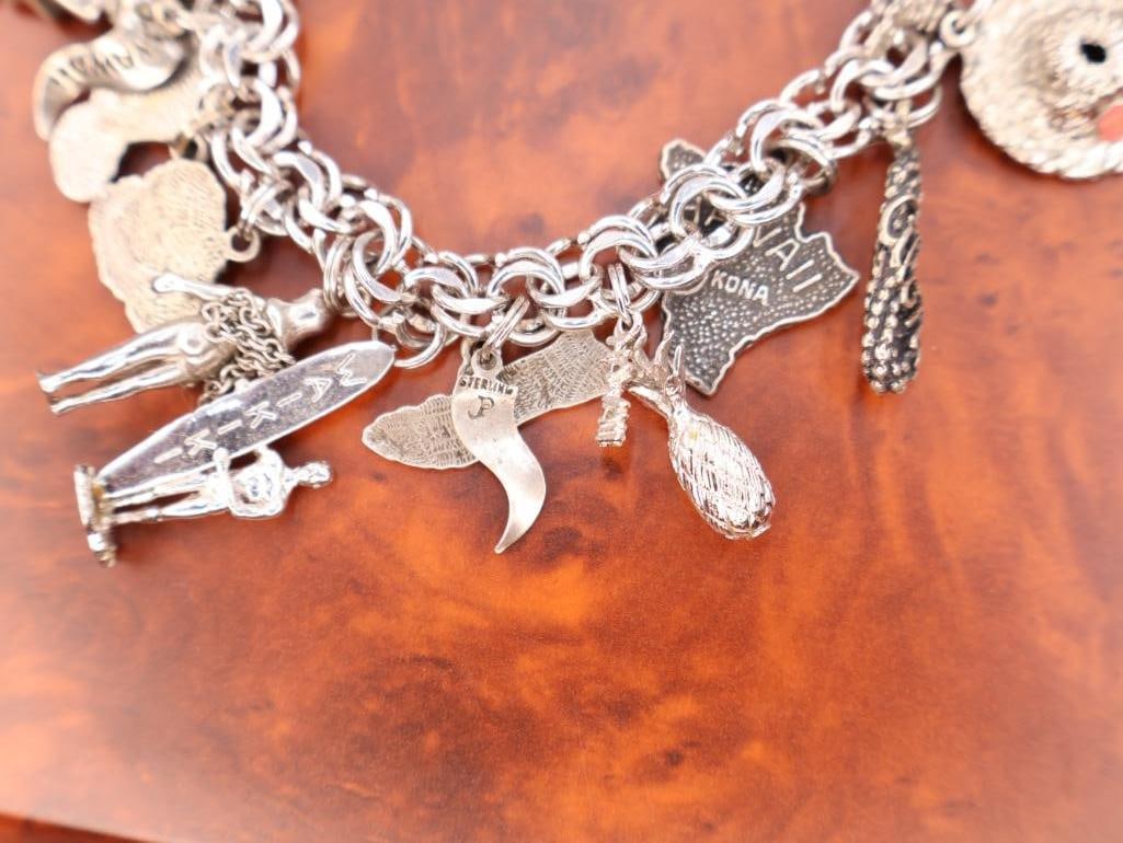 Vintage sterling silver travel charms on base metal braclet - 7