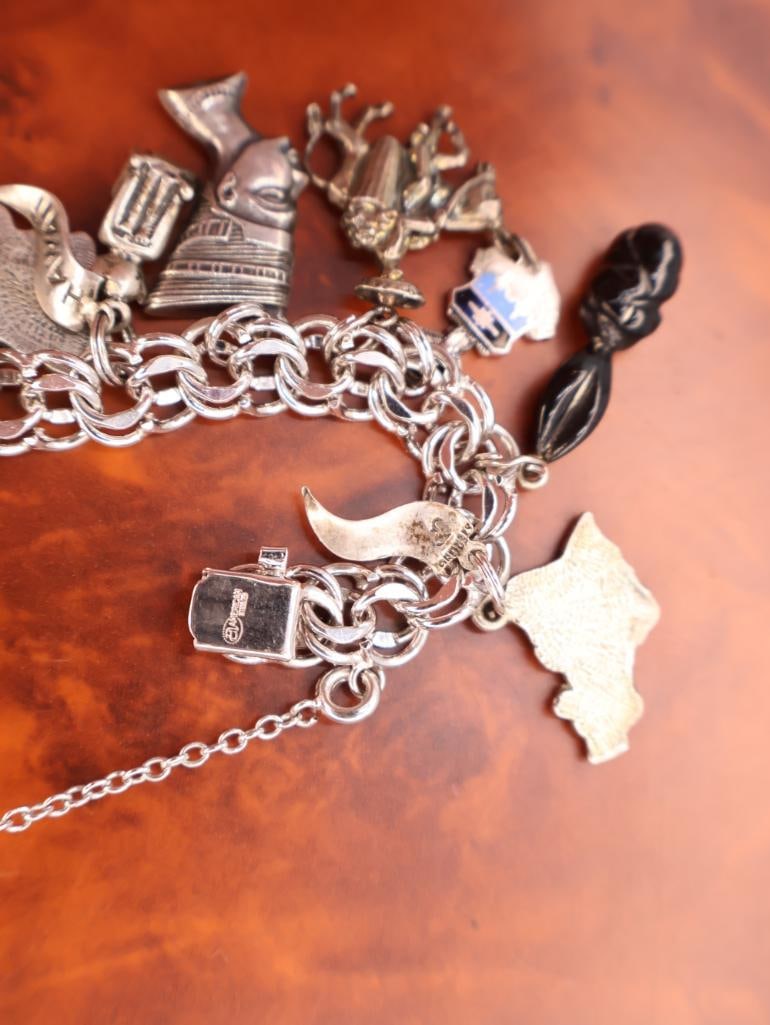 Vintage sterling silver travel charms on base metal braclet - 8