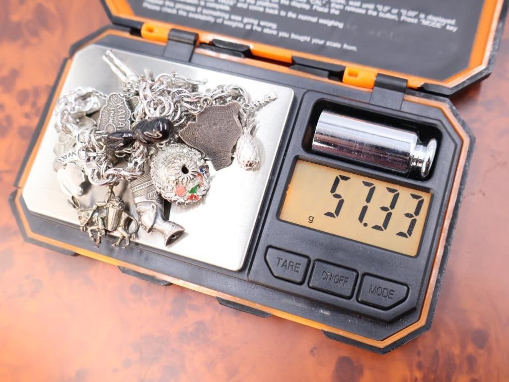 Vintage sterling silver travel charms on base metal braclet - 9