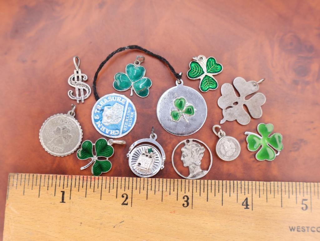 Vintage sterling silver and enamel lucky clover charms and pendants - 2