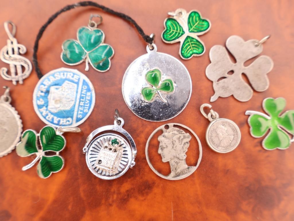 Vintage sterling silver and enamel lucky clover charms and pendants - 4