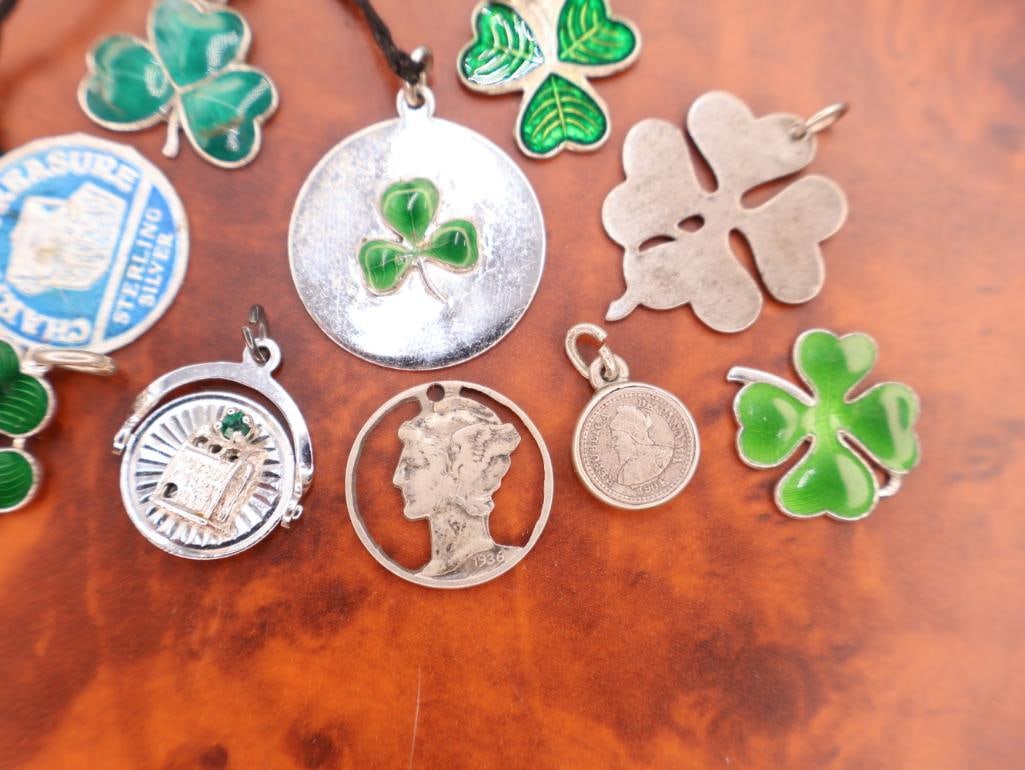 Vintage sterling silver and enamel lucky clover charms and pendants - 6