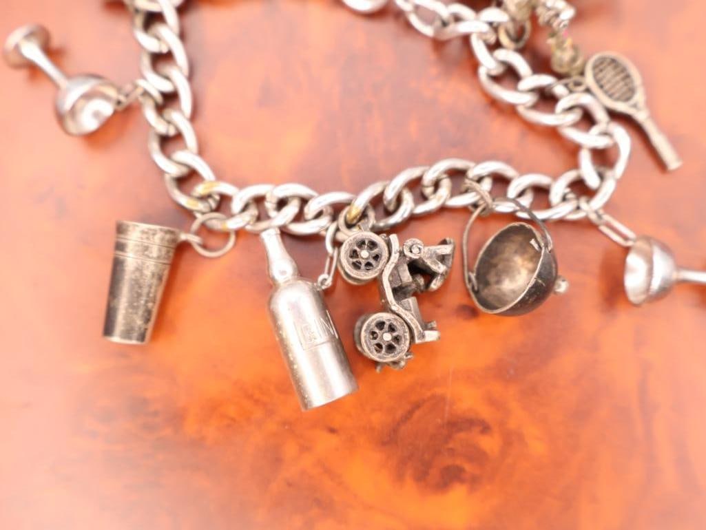 Vintage sterling silver charm bracelet with various novelty and cocktail-themed charms. - 4