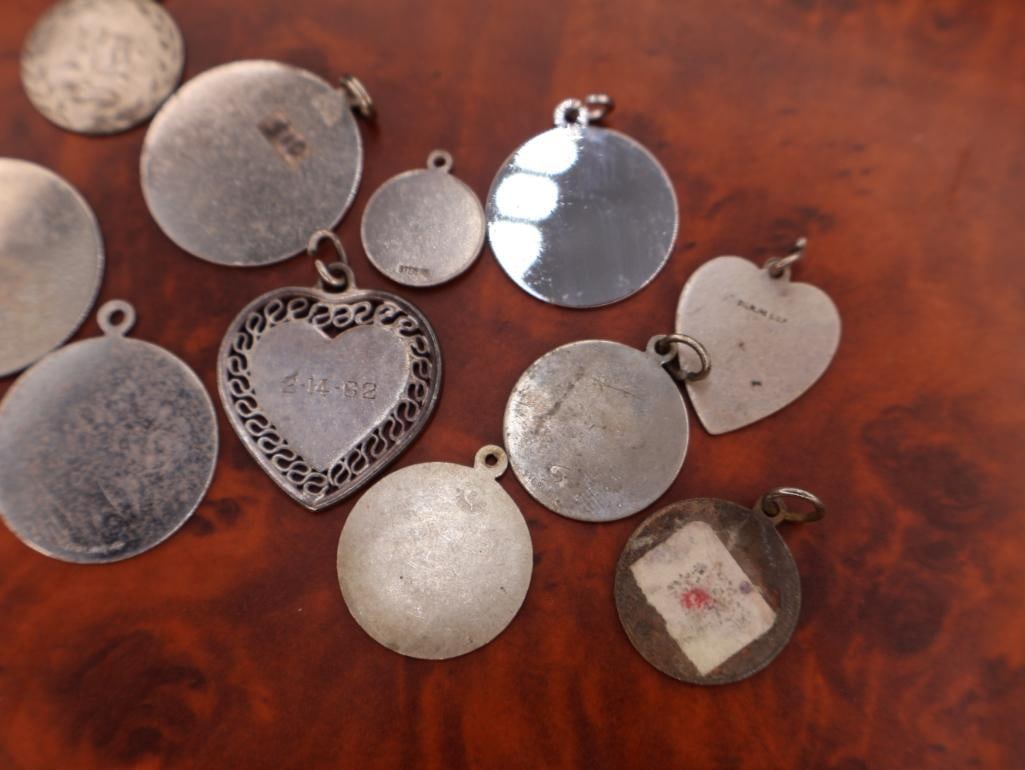 Collection of vintage sterling silver medallion bracelet charms or pendants - 10