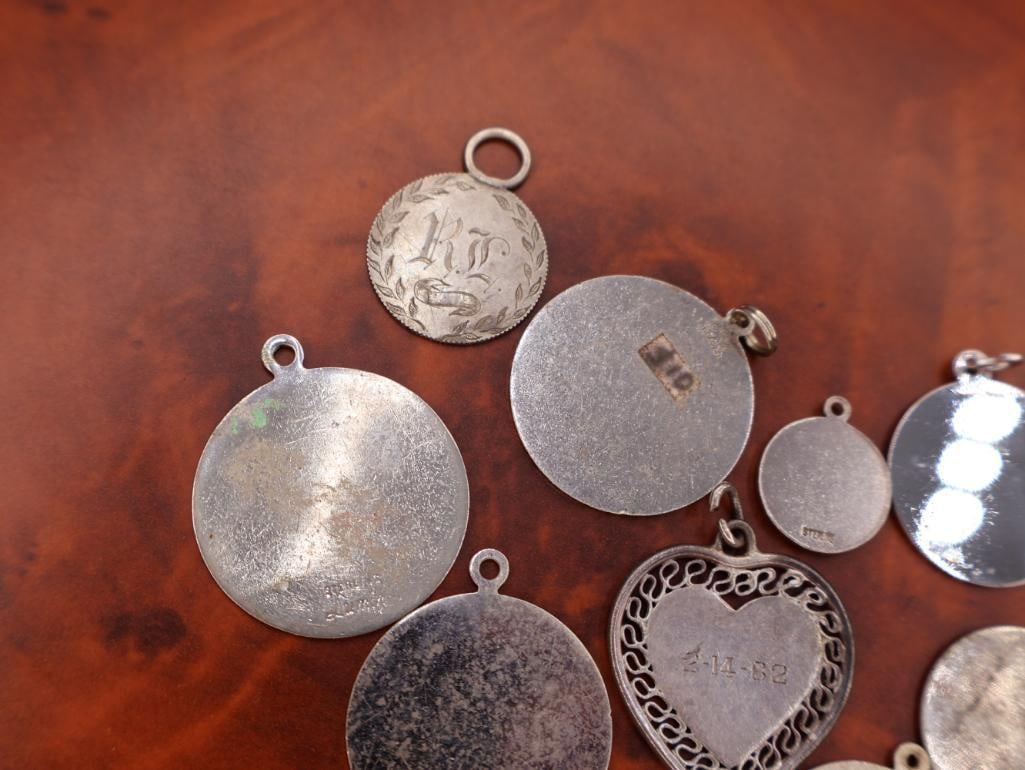 Collection of vintage sterling silver medallion bracelet charms or pendants - 8