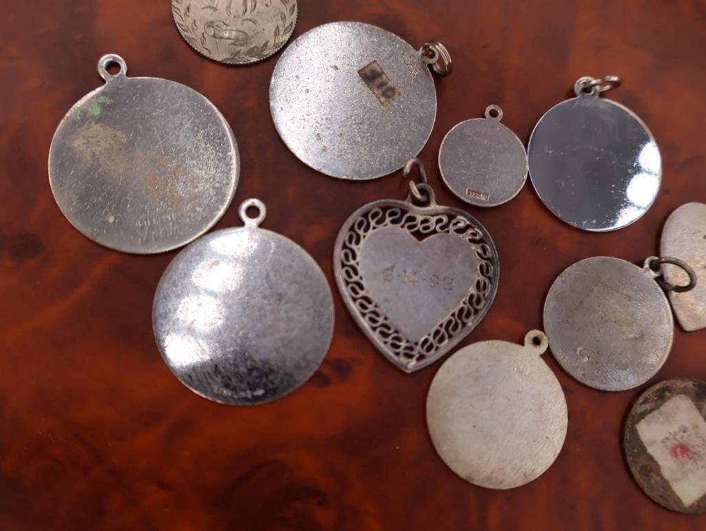 Collection of vintage sterling silver medallion bracelet charms or pendants - 9